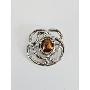Vintage Made In England Silver Tone Celtic Knot Amber Cabochon Swirl Brooch Pin